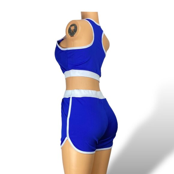 Women Tracksuit Short Sleeve Crop Top & Shorts - Tops with Removable Pads | Blue - Picture 3 of 5